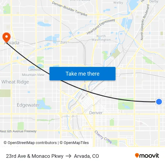 23rd Ave & Monaco Pkwy to Arvada, CO map