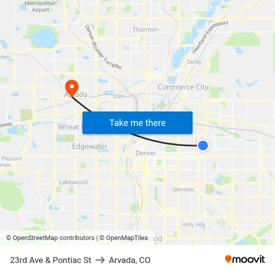 23rd Ave & Pontiac St to Arvada, CO map