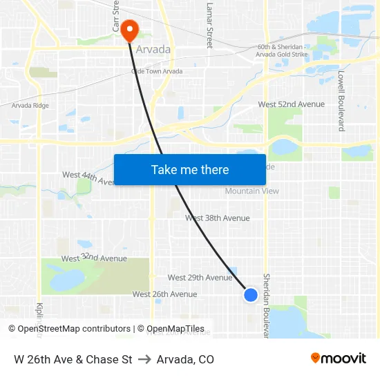 W 26th Ave & Chase St to Arvada, CO map