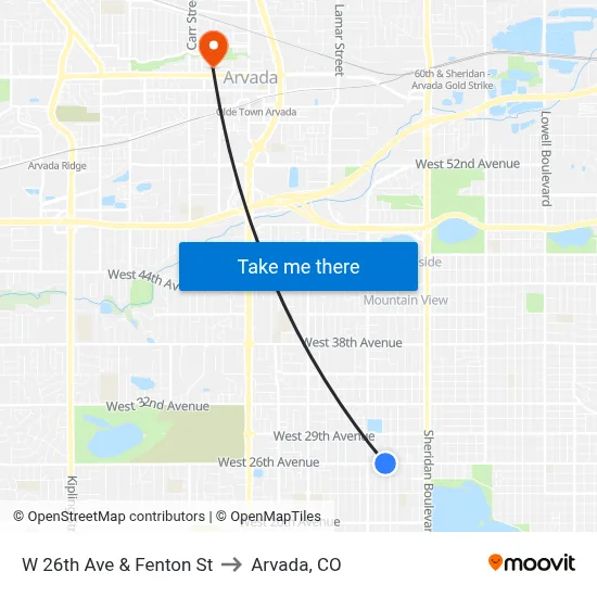 W 26th Ave & Fenton St to Arvada, CO map