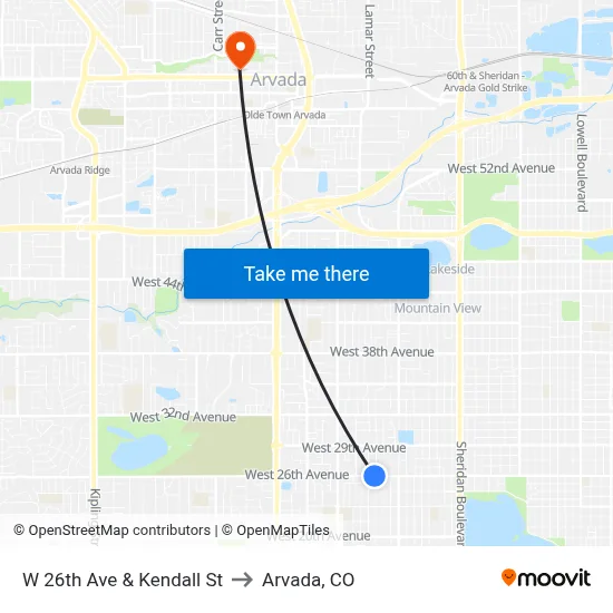W 26th Ave & Kendall St to Arvada, CO map