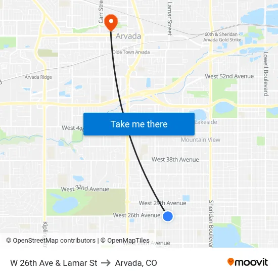 W 26th Ave & Lamar St to Arvada, CO map
