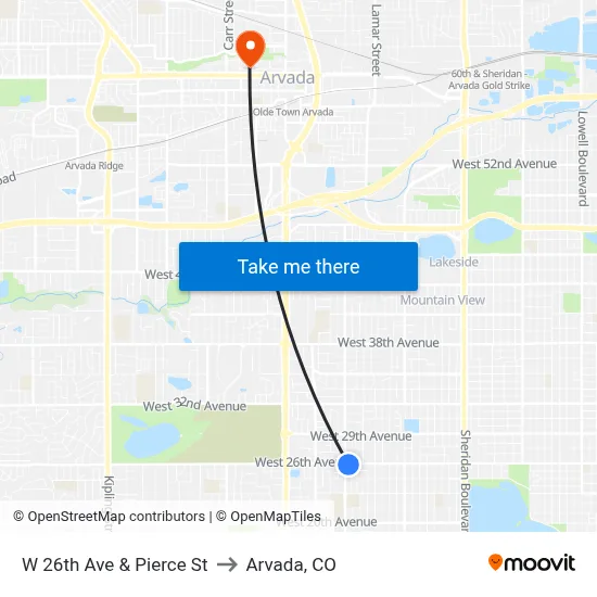 W 26th Ave & Pierce St to Arvada, CO map