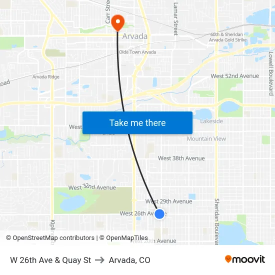 W 26th Ave & Quay St to Arvada, CO map