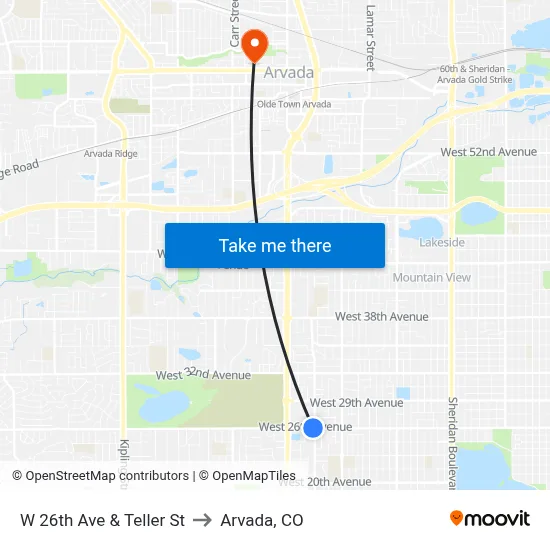 W 26th Ave & Teller St to Arvada, CO map