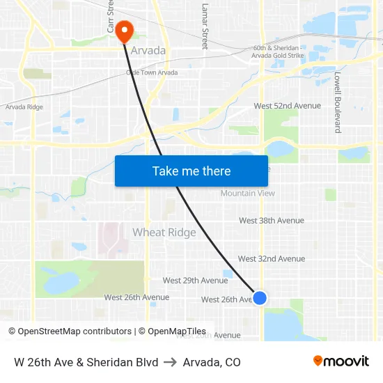 W 26th Ave & Sheridan Blvd to Arvada, CO map