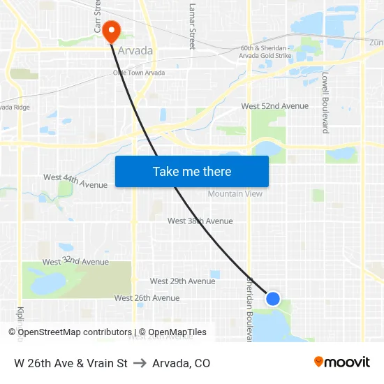 W 26th Ave & Vrain St to Arvada, CO map