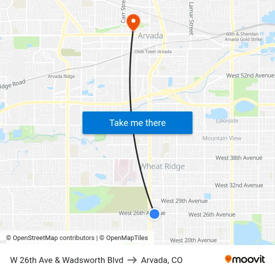W 26th Ave & Wadsworth Blvd to Arvada, CO map