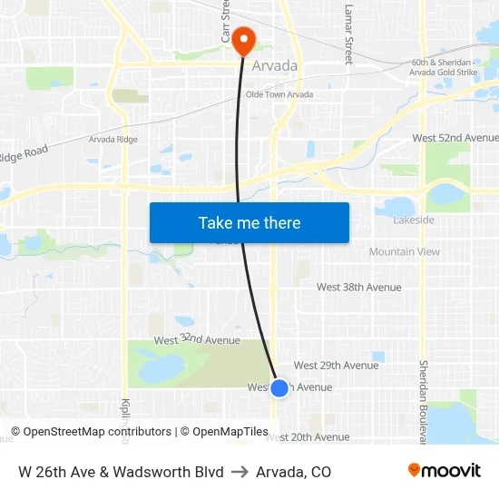 W 26th Ave & Wadsworth Blvd to Arvada, CO map