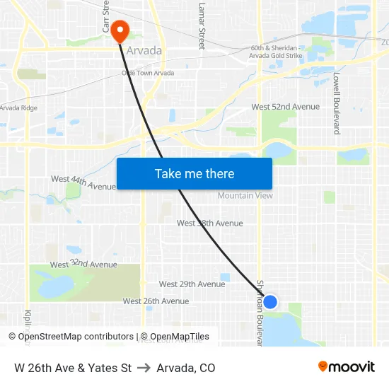 W 26th Ave & Yates St to Arvada, CO map