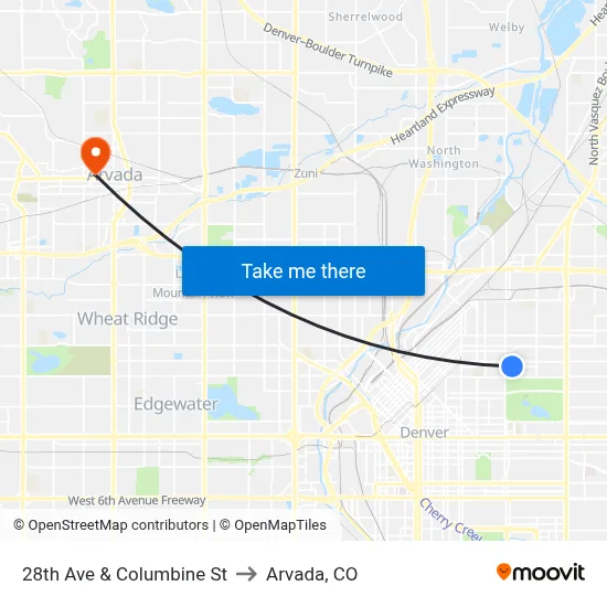 28th Ave & Columbine St to Arvada, CO map