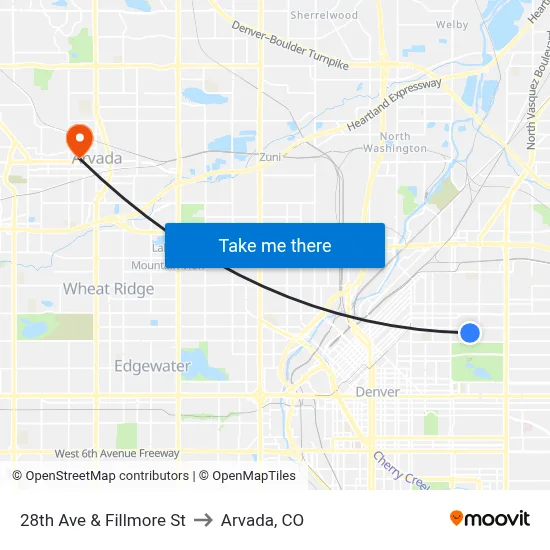 28th Ave & Fillmore St to Arvada, CO map