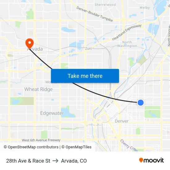 28th Ave & Race St to Arvada, CO map