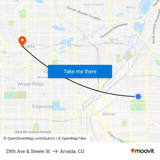 28th Ave & Steele St to Arvada, CO map