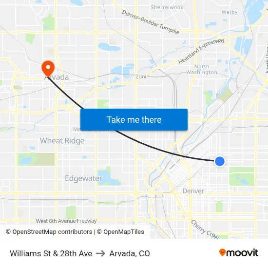 Williams St & 28th Ave to Arvada, CO map