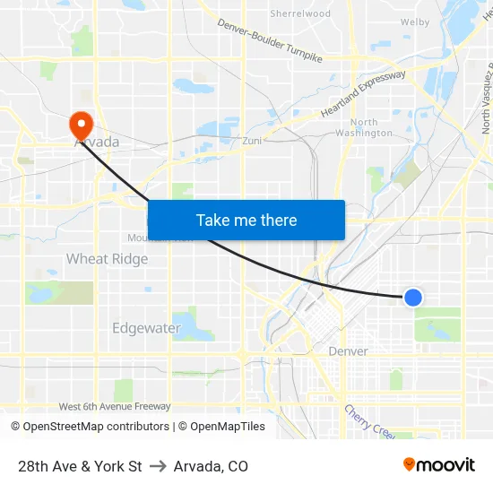 28th Ave & York St to Arvada, CO map