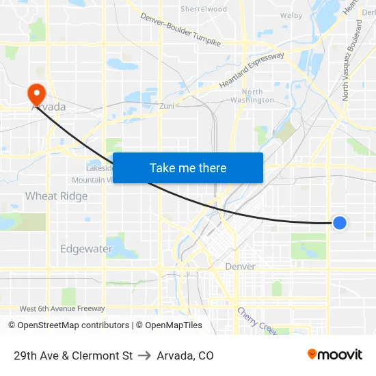 29th Ave & Clermont St to Arvada, CO map