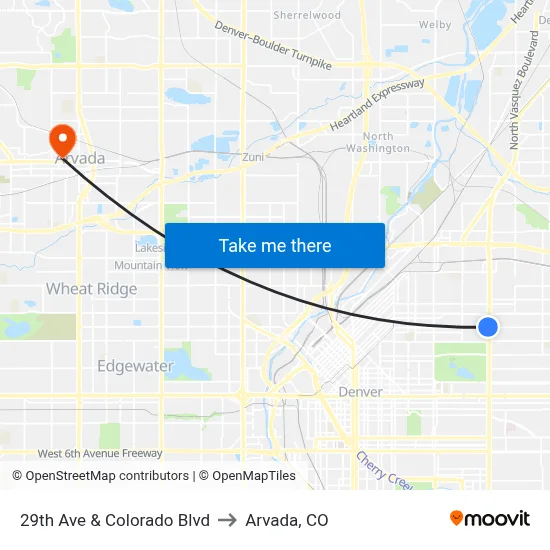 29th Ave & Colorado Blvd to Arvada, CO map