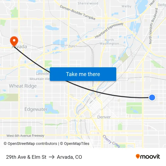 29th Ave & Elm St to Arvada, CO map