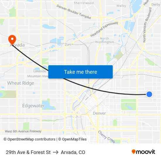 29th Ave & Forest St to Arvada, CO map