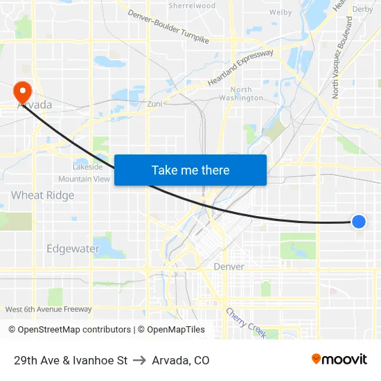 29th Ave & Ivanhoe St to Arvada, CO map