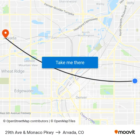 29th Ave & Monaco Pkwy to Arvada, CO map