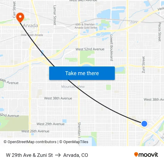 W 29th Ave & Zuni St to Arvada, CO map