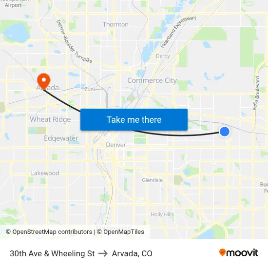 30th Ave & Wheeling St to Arvada, CO map