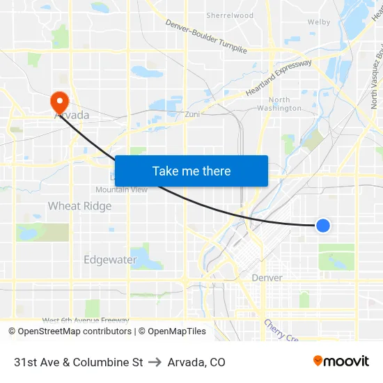 31st Ave & Columbine St to Arvada, CO map
