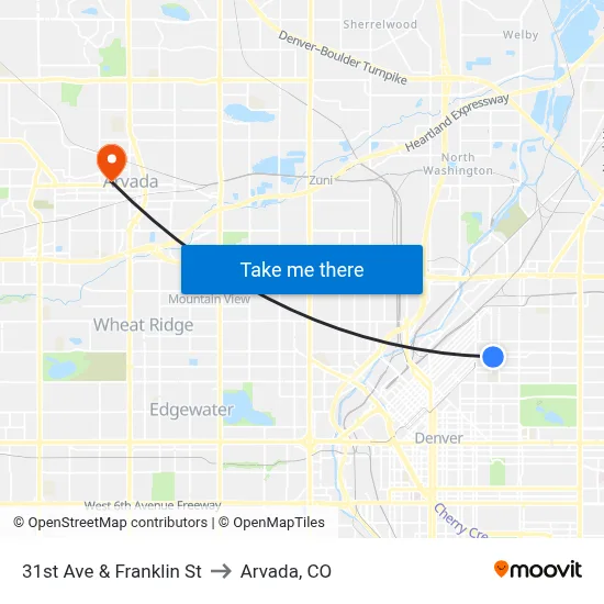 31st Ave & Franklin St to Arvada, CO map