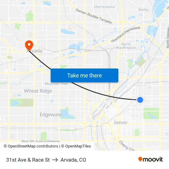 31st Ave & Race St to Arvada, CO map