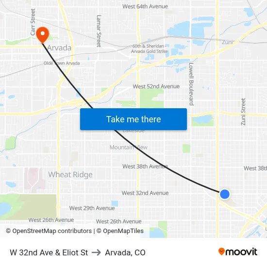 W 32nd Ave & Eliot St to Arvada, CO map