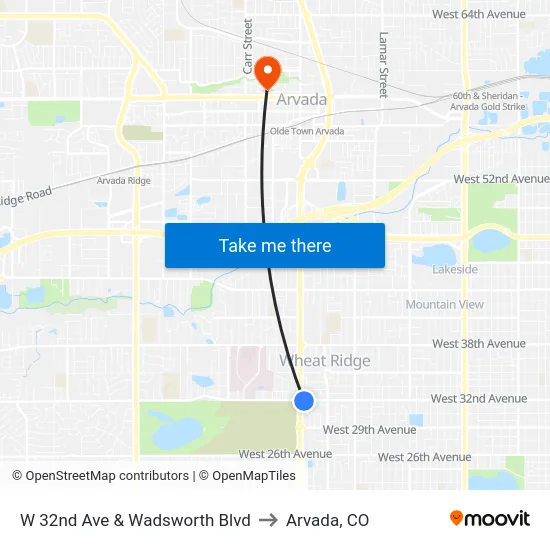 W 32nd Ave & Wadsworth Blvd to Arvada, CO map