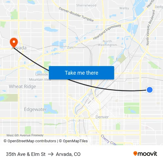 35th Ave & Elm St to Arvada, CO map