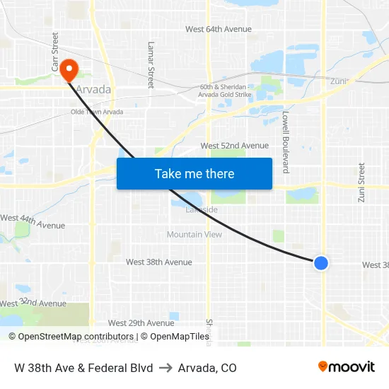W 38th Ave & Federal Blvd to Arvada, CO map