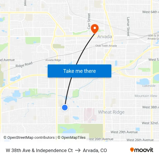 W 38th Ave & Independence Ct to Arvada, CO map
