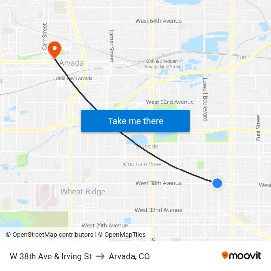 W 38th Ave & Irving St to Arvada, CO map