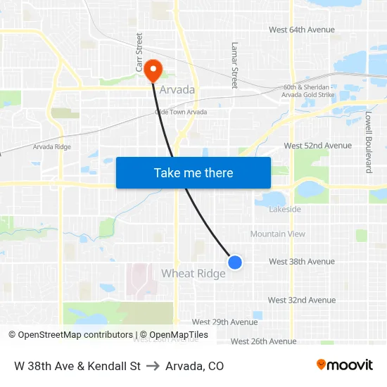 W 38th Ave & Kendall St to Arvada, CO map