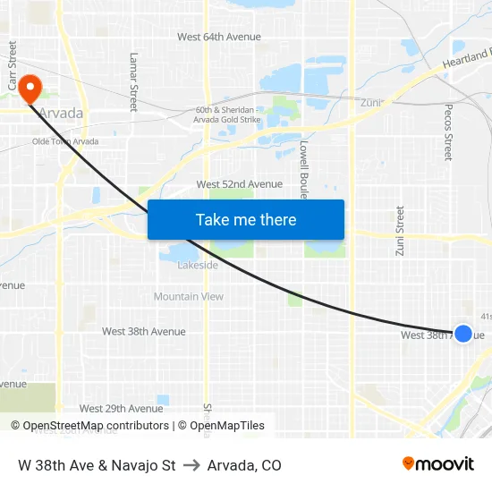 W 38th Ave & Navajo St to Arvada, CO map