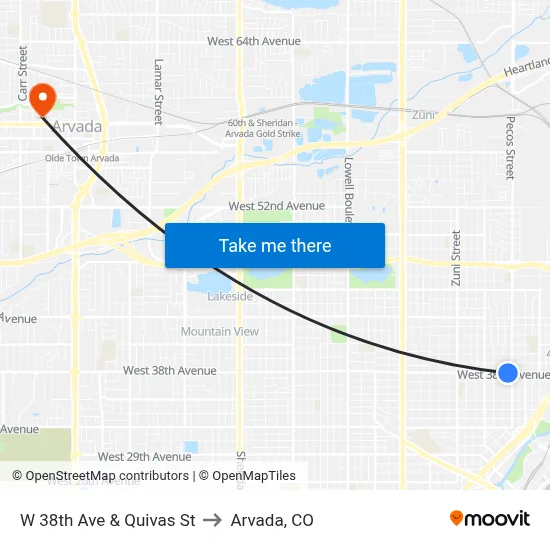 W 38th Ave & Quivas St to Arvada, CO map