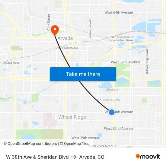 W 38th Ave & Sheridan Blvd to Arvada, CO map