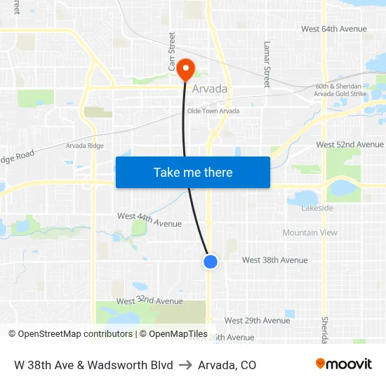 W 38th Ave & Wadsworth Blvd to Arvada, CO map