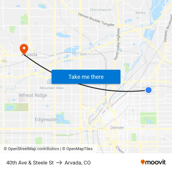 40th Ave & Steele St to Arvada, CO map