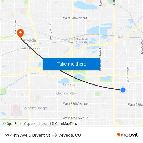 W 44th Ave & Bryant St to Arvada, CO map