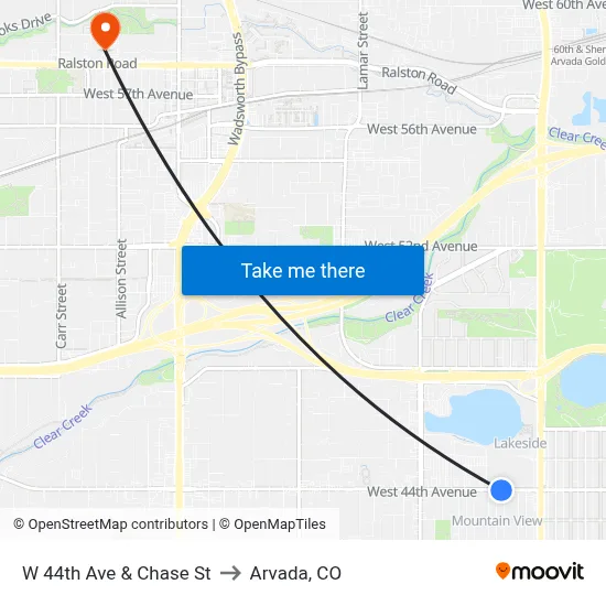 W 44th Ave & Chase St to Arvada, CO map