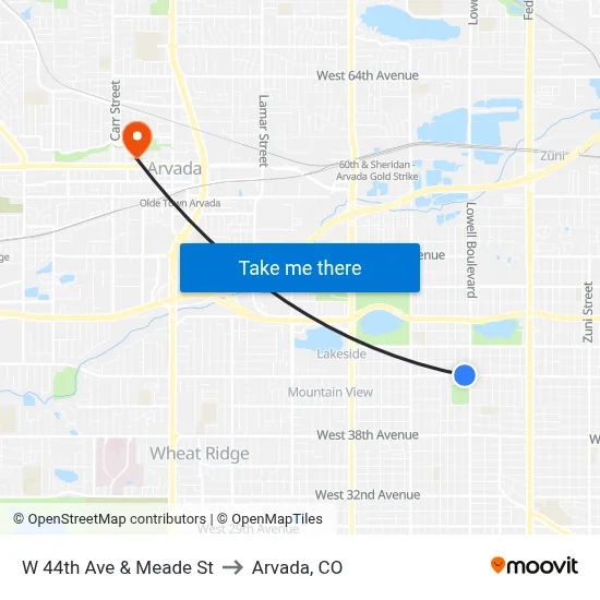 W 44th Ave & Meade St to Arvada, CO map