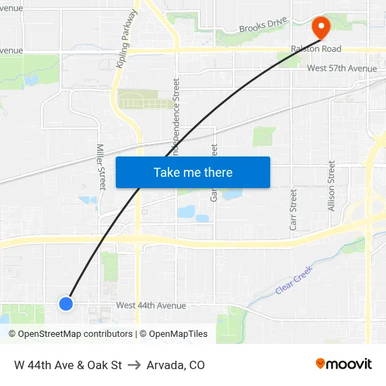 W 44th Ave & Oak St to Arvada, CO map
