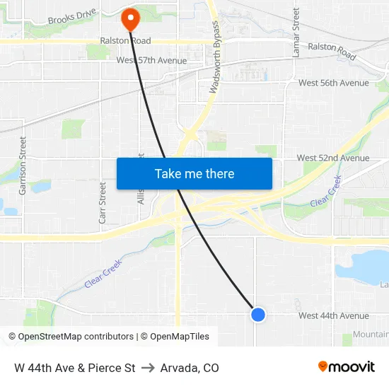 W 44th Ave & Pierce St to Arvada, CO map