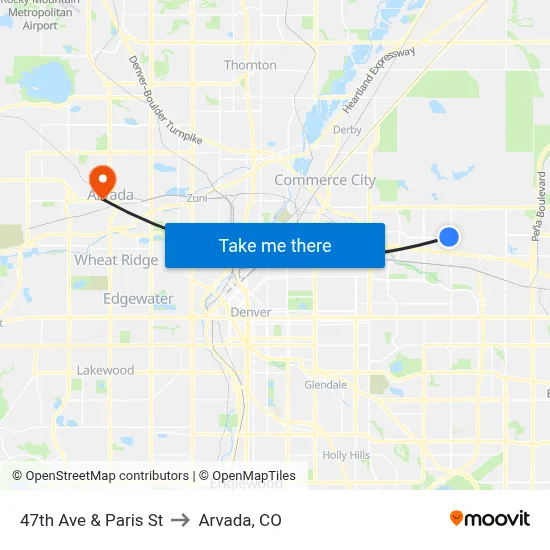 47th Ave & Paris St to Arvada, CO map