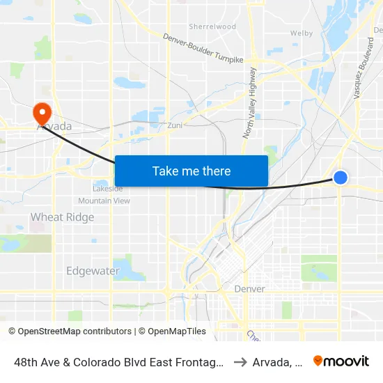 48th Ave & Colorado Blvd East Frontage Rd to Arvada, CO map
